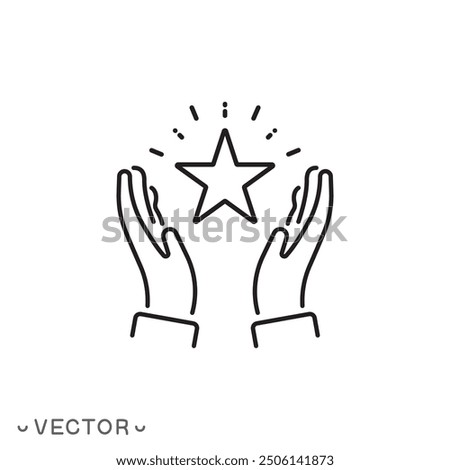 star in the hands icon, outline high reward, status good quality, star shine, thin line symbol isolated on white background, editable stroke eps 10 vector illustration