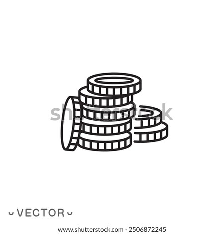 coin icon, pile of coins, thin line symbol isolated on white background, editable stroke eps 10 vector illustration