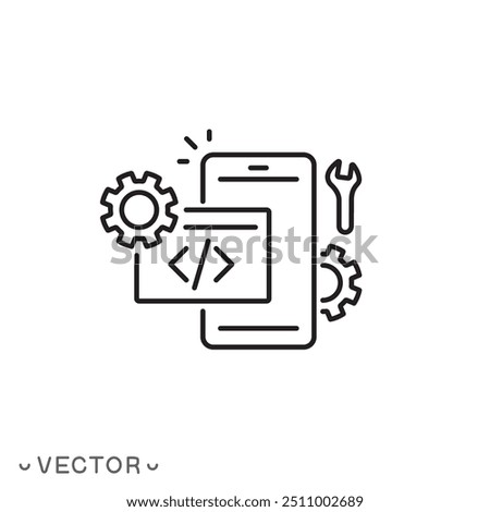 mobile software icon, phone system development, react user, configure application, thin line symbol isolated on white background, editable stroke eps 10 vector illustration