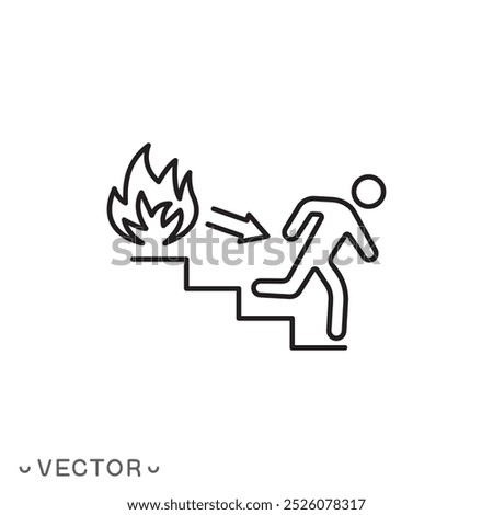 direction of movement in case of fire, fire exit icon, evacuation stairs, arrow down, thin line symbol isolated on white background, editable stroke eps 10 vector illustration