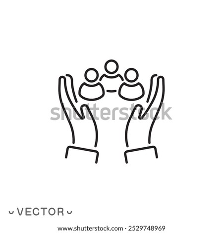 community care icon, help or support employee, gender equality, inclusion social equity, age and culture diversity, people group save, thin line symbol, editable stroke eps 10 vector illustration