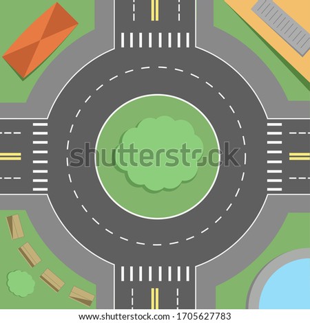 Roundabout with road markings, trees and buildings on the sidewalk vector drawing