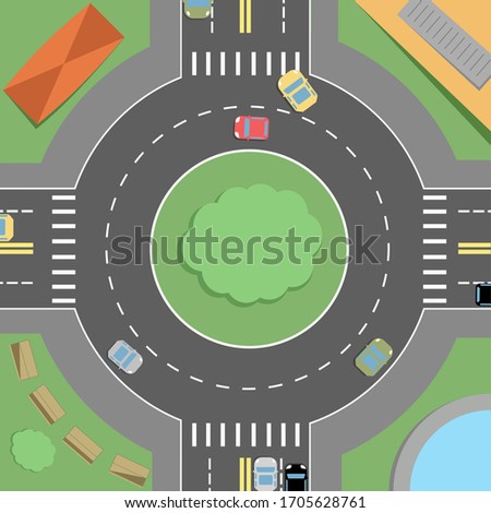 Roundabout with cars with road markings, trees and buildings on the sidewalk vector drawing