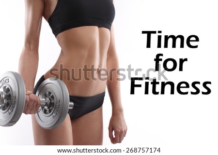 Body of a young fit woman lifting dumbbells with text