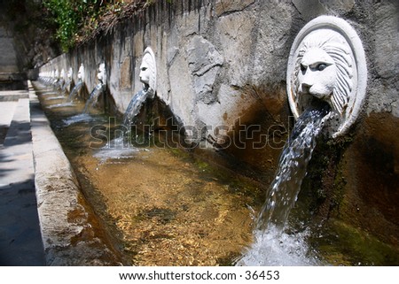 Natural spring water in the mountain village of Spili, Crete, gushes from a row of lions\' mouths in the village square.