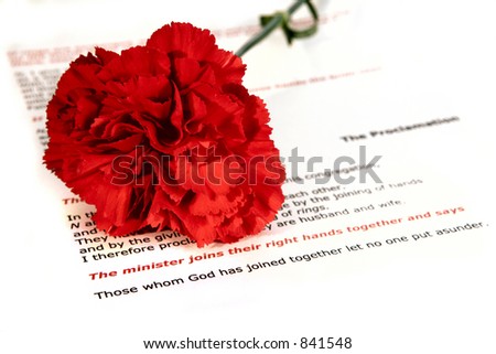 A red carnation on the order of service for a Christian wedding.