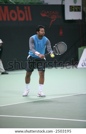 India\'s Leander Paes in action in the men\'s tennis doubles final, Doha, Qatar, January 2007.