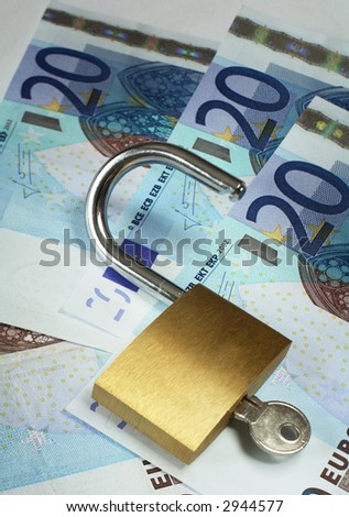 An opened padlock on a background of 20 euro banknotes. Symbolic of gaining access to wealth.