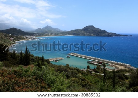 The ferry harbour and Plakias Bay on the southern coast of Crete, Greece, in late Spring.