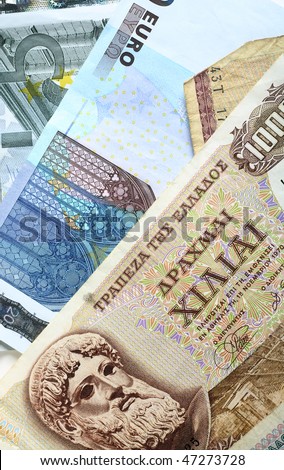 A mixture of old Greek drachma banknotes and euro notes that succeeded them. Greece\'s adoption of the single currency is now seen as posing undermining the euro exchange rate.