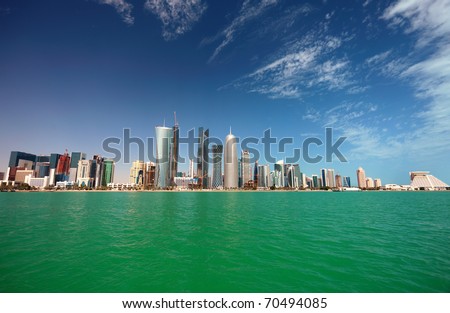 A wide-angle view of the Doha skyline in February 2011