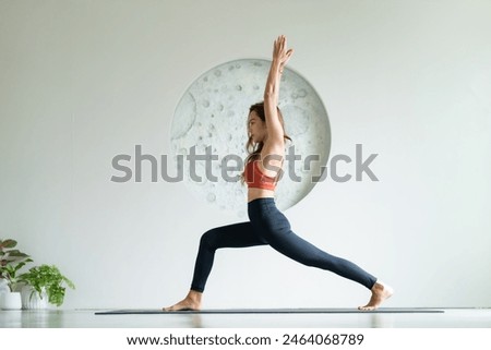 Image, Stock Photo Young woman practice balance asanas on Summer yoga session on a beautiful beach at Formentera, Spain