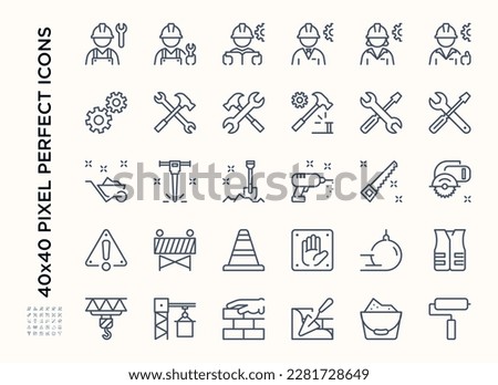 Simple set of Construction icon set. Contains such Icons as Builders, Building tools, Building signage, Building work. Editable stroke