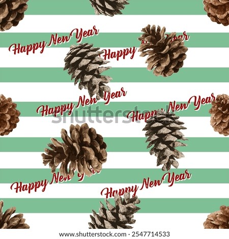 Vector seamless texture pattern for gift wrapping for the New Year. Cones. striped background and text. Vector illustration. 