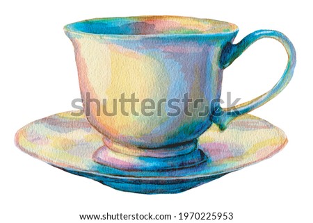 Multicolored watercolor vector tea cup and saucer isolated on white. Refined porcelain mug and plate colored in rose, yellow and blue. Suitable for tea, coffee, menu, medicine.