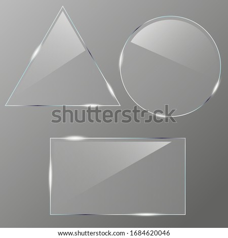 Set of realistic glass. Realistic clear glass in rectangle, triangle and circle frame. Clear glas s showcase. Empty realistic acrylic plates. Acrylic and plexiglass texture with glares and light. 