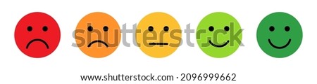 Scale of satisfaction, mood faces, happy. Survey, customer emotion feedback. Vector emoji bad, sad, angry and good smile rating icons. Flat positive green, negative red emoticons of evaluation level.