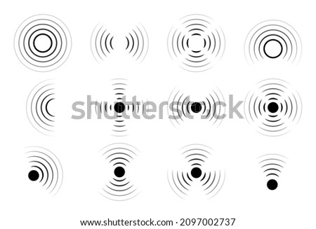 Sound wave vector icons. Circle radar or sonic sonar signals, pulses. Speaker with noise energy in air graphic. Round radio frequency. Abstract radial vibration symbol on white background. Loud scan.