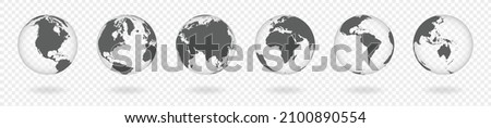 Globe of world, earth. Vector transparent 3d world map icons on background. Europe, Asia, Africa, America, Australia on globus. Set of global planets, simple flat spheres in black color illustration.