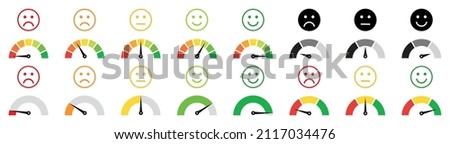Scale meter level, barometer mood icons. Vector dial gauges, speedometers with emotions and emoji smile faces. Infographic, indicator of pain, stress, negative to satisfaction, positive, happy. Score. Imagine de stoc © 