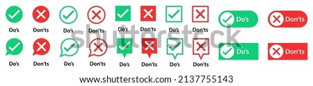 Do, dos, don, dont icons. Wrong cross and right tick, check icons. Yes, good, correct and bad, false marks of etiquette. List of quiz with false and true. Vector EPS10.