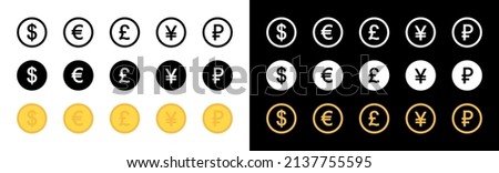 Currencies and money signs. Symbols of dollar, yen, euro, ruble, pound, yuan and usd in circles - coins for exchange. International currencies in circles - icons. World cash in flat set. Vector EPS10.