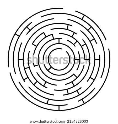 Circle maze, labyrinth, round puzzles games. Circular black game and icon of maze, labyrinth in line on background for kids solution. Vector. Logos of abstract simple riddle patterns illustration.