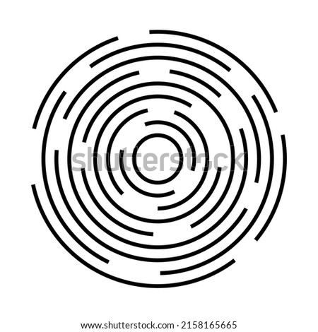 Circular vector lines, circle concentric pattern design. Round graphic black ripple background. Abstract geometric vortex ring shapes.Radial center minimal spirals on white.Dynamic simple radius burst