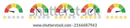 Speedometer, gauge meter icons with stars. Scales, level of performance. Speed dial indicator. Green and red, low and high barometers, dashboard with arrows. Vector. Infographic of risk, gauge, score.