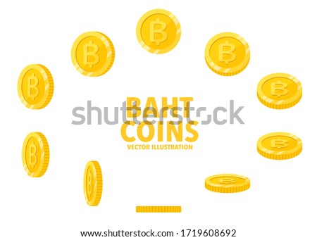 Thai Baht sign gold coin isolated on white background, set of flat icon of coin with symbol at different angles.