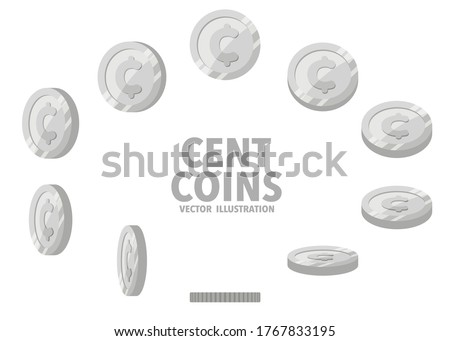 Cent sign silver coins isolated on white background. Set of flat icon design of spin coins with symbol at different angles.