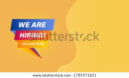 We are hiring and join our team on creative square speech bubble. Layout desing of recruitment or job vacancy advertisement for poster, web banner, landing page, template. Eps 10 vector illustration.