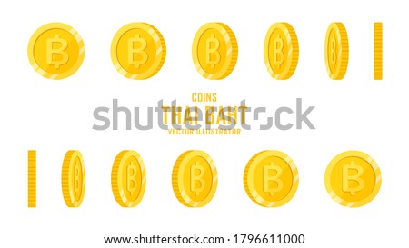 Thai Baht sign golden coins isolated on white background. Set of flat icon design of spinning or rotating coin with symbol at different angles for motion, animation or game. Vector illustration.