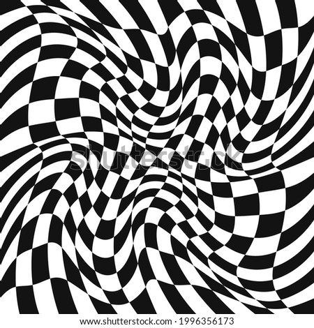 Checkered race twisted patern. Black and white f1 race canvas. Vector curl ornament flag. Checkered twisted squares.