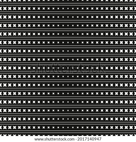 Horizontal double lines and four ray stars pattern. Vector and seamless white shapes on black background.