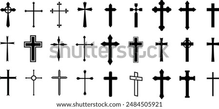 Large selection of religious Christian crosses. Vector set of black silhouette crosses.