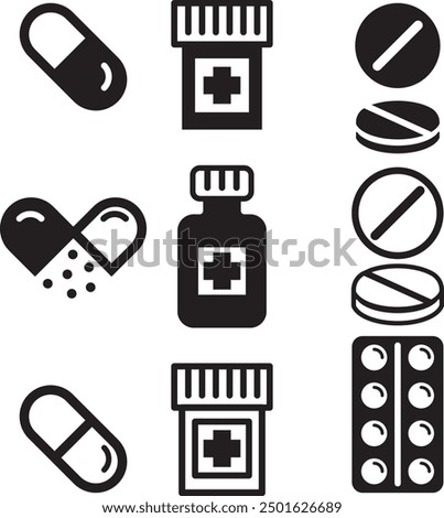 Set of pills and medical tablets. Black icons of pills.