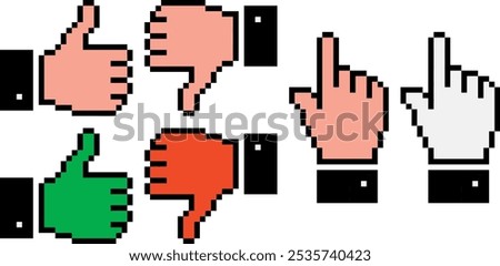 Pixel hand with finger up, down, and pointing. Vector pixel set of like and dislike ratings.