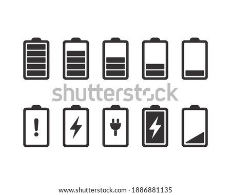 Battery icons. Full, low, and empty battery status. Set battery power from low to full charging. Warning battery status. Vector design illustration.