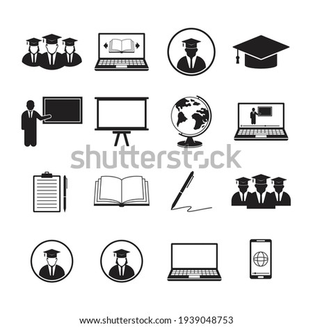 Simple Set of Learning Icons. Online Education Related Vector Icons. Contains such Icons as Graduation, E-Book, Video Tutorial, On-line Lecture, Globe, List, Book, Pen, Education Plan and Laptop.
