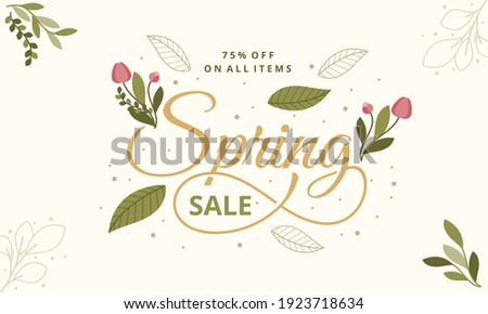 Hello Spring hand logotype, badge typography icon. Lettering spring season with leaf for greeting card, invitation template. Retro, vintage lettering banner poster template background, Sale, offer