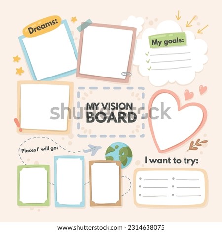 Hand drawn vision board illustration.Cute sticker template decorated with cartoon image and trendy lettering. Signs, symbols, objects for scheduler or organizer.Vector illustrations EPS 10.