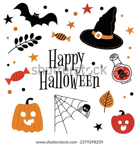 Happy Halloween. Frame, night clouds, pumpkin, bat, spider, witch, poison, candy. Vector illustration EPS 10.Scary elements to celebrate halloween.dorable halloween festival elements for decoration.