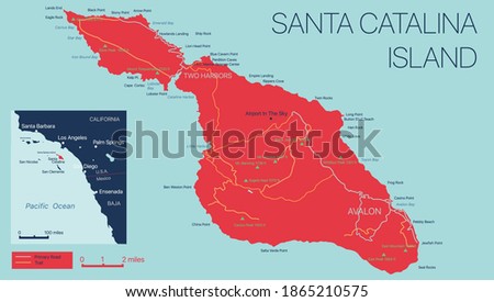 Vector detailed map of Santa Catalina Island, California, USA. Editable map with with cities and towns, geographic sites, roads, railways. Vector EPS-10 file, trending color scheme