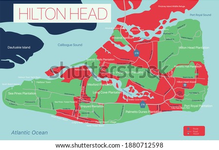 Hilton Head detailed editable map with, geographic sites, roads and streets. Vector EPS-10 file, trending color scheme