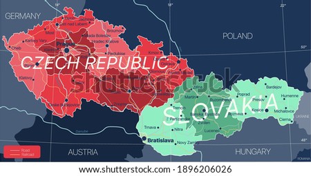 Czech Republic and Slovakia countries detailed editable map with regions cities and towns, roads and railways, geographic sites. Vector EPS-10 file