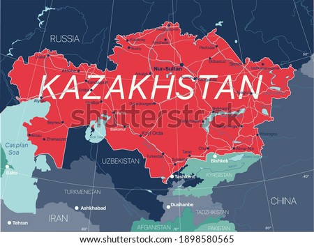 Kazakhstan country detailed editable map with regions cities and towns, roads and railways, geographic sites. Vector EPS-10 file