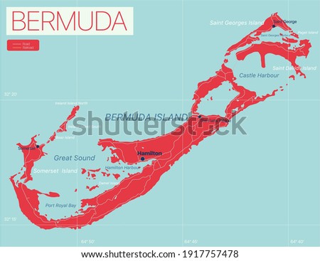 Bermuda detailed editable map with regions cities and towns, roads and railways, geographic sites. Vector EPS-10 file