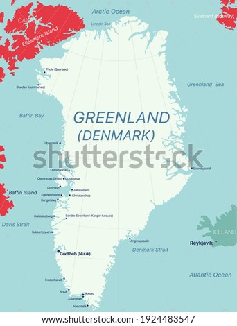 Greenland island detailed editable map with regions cities and towns, geographic sites. Vector EPS-10 file