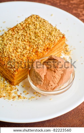Dessert set of cake and ice-cream at plate